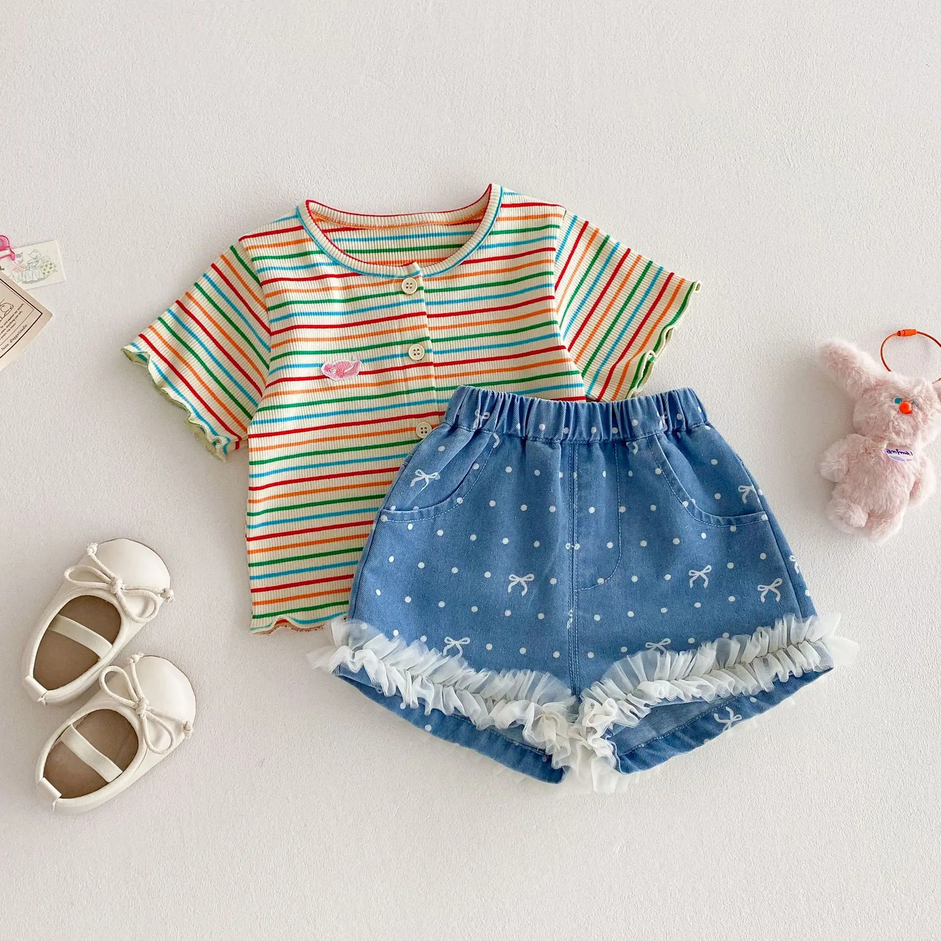 Kids Girls Summer Cute Denim Shorts Dots Bows Print Patch Lace Wide Leg Blue Short Pants 1-5Y Children All-matched Jeans Bottom
