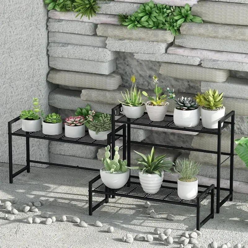 3 Tier Metal Plant Stand Outdoor Indoor Waterproof, Stackable Heavy Duty Tall Plant Shelf Flower Pot Holder for Garden