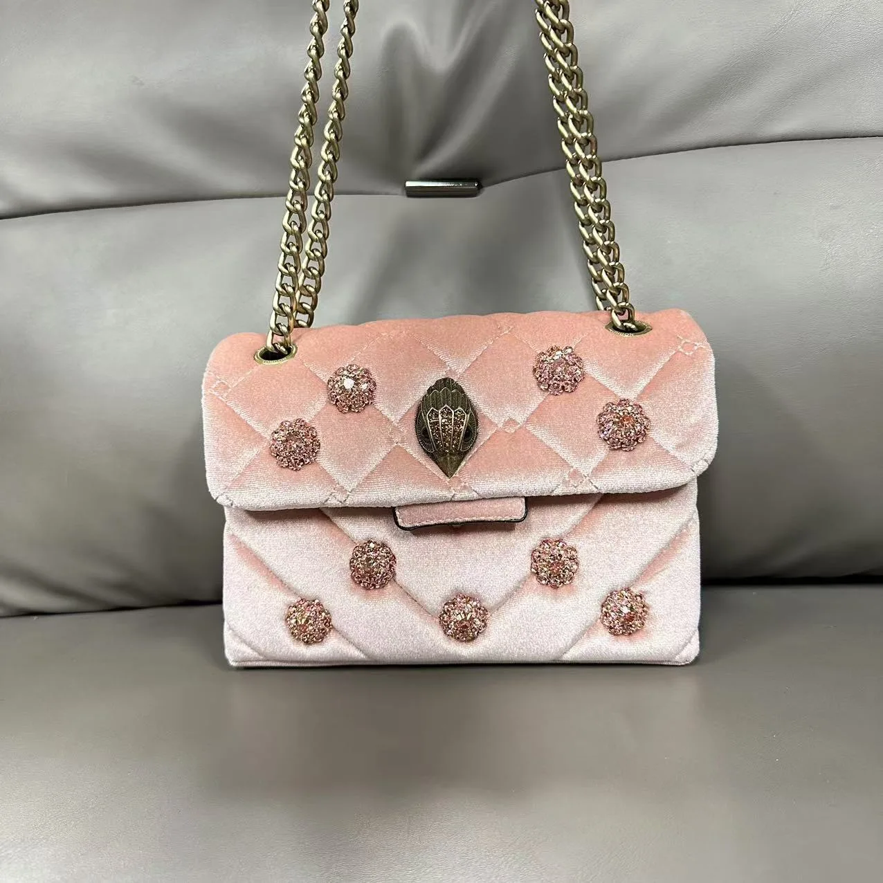 Pink Velvet Water Diamond K G Chain Bag Embroidered  Dinner Crossbody Shoulder Bag Ladies Purse Square Shape Pure Color