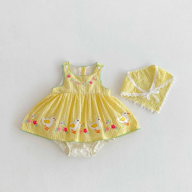 

Summer Baby Girls Clothing 0-2Y Infant Cute Duck Embroidery Sleeveless Bodysuit Plaid Toddler One Piece Romper with Headwear