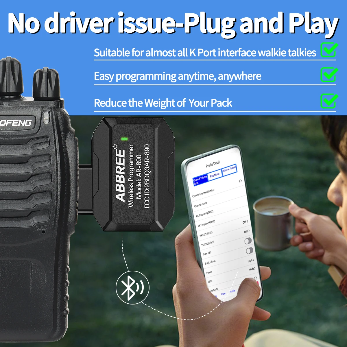 ABBREE Bluetooth bezprzewodowy programator programowanie aplikacji na telefon dla Baofeng UV-5R UV-5RH BF-888S Walkie Talkie Quansheng UV-K5 UV-K6