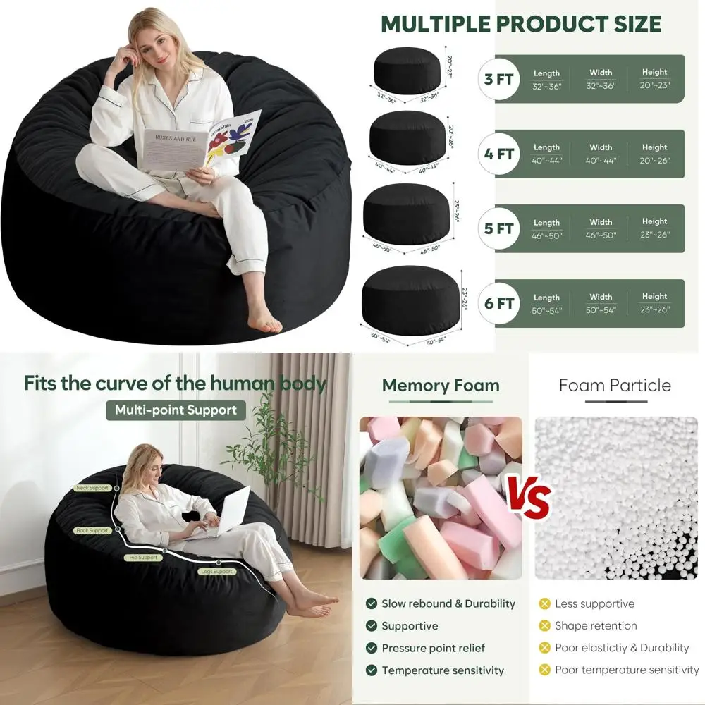 Memory Foam Adult Bean Bag Chair, 3 Ft Round Sofa with Included Filler