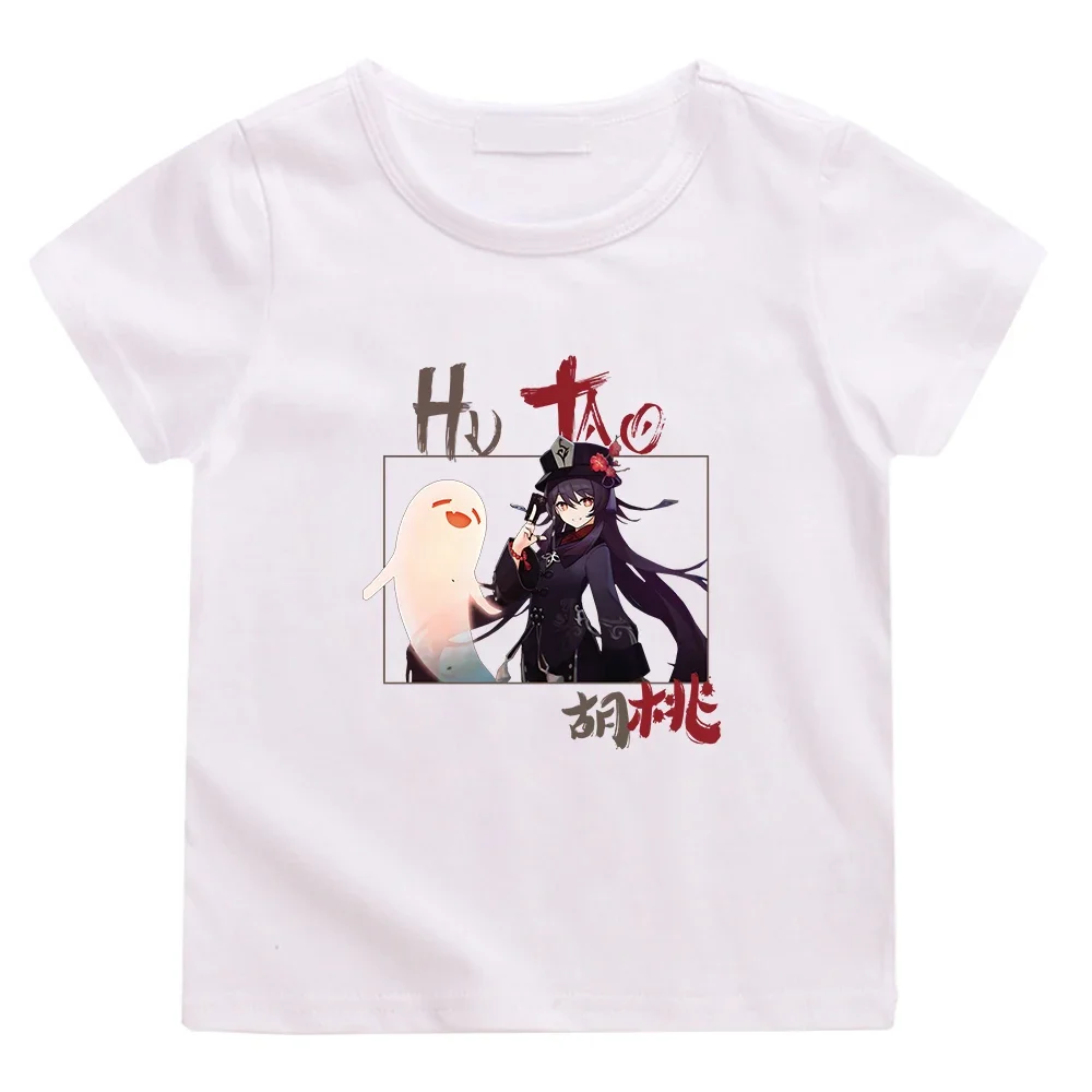 

Hutao Ghost Print T Shirt Genshin Impact Tshirt Kids Kawaii Clothing Girl Baby Boy Clothes Children Short Sleeve 100% Cotton Top