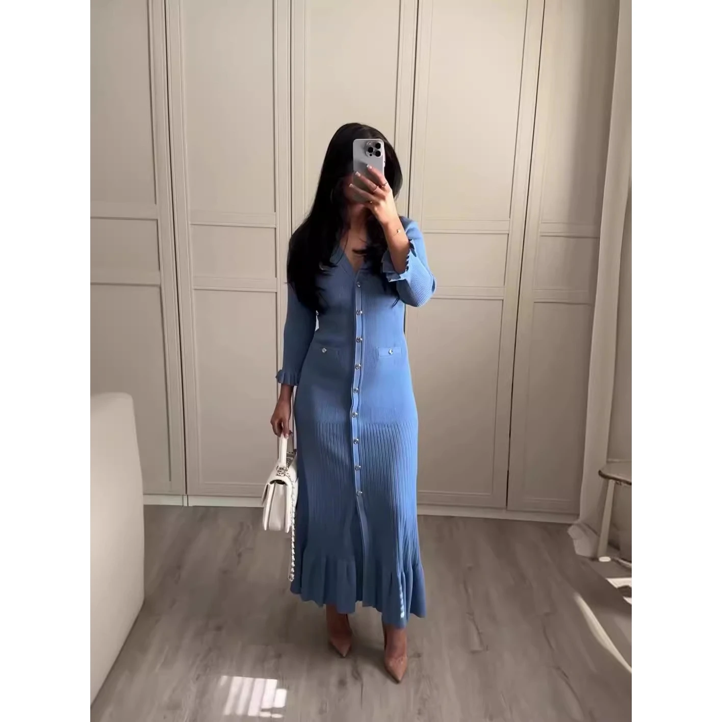 

Autumn 2024 New Pure Color round Ne Long Sve Knitted Dr Women's Bodycon Dr Polyester Fabric Wrap around Skirt