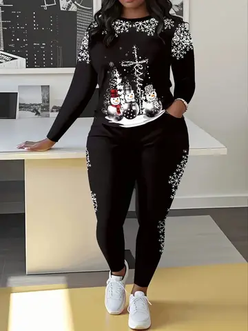 Plus Size Women's Casual Suit, Fashionable Christmas Snowman Print Round Neck Trousers Two-Piece Set