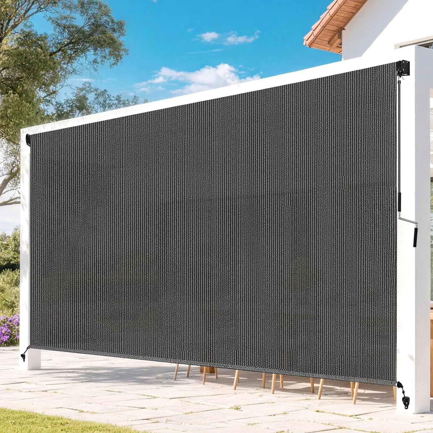 Outdoor Roller Shades for Patio, Gray 10' W x 8' H Cordless Patio Shades Roll Up Outdoor Blinds with Splicing Design, 90% UV Pro