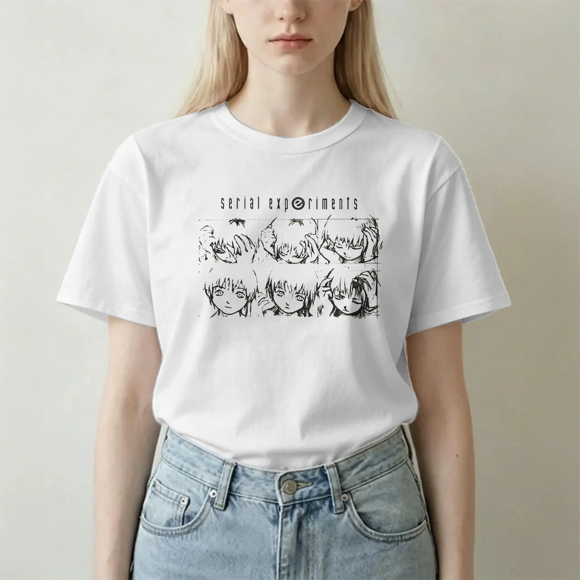 Men Women T-Shirts Serial Experiments Lain Vintage Pure Cotton Tees Short Sleeve 80s 90s Sci Fi Anime T Shirts Crewneck Printed