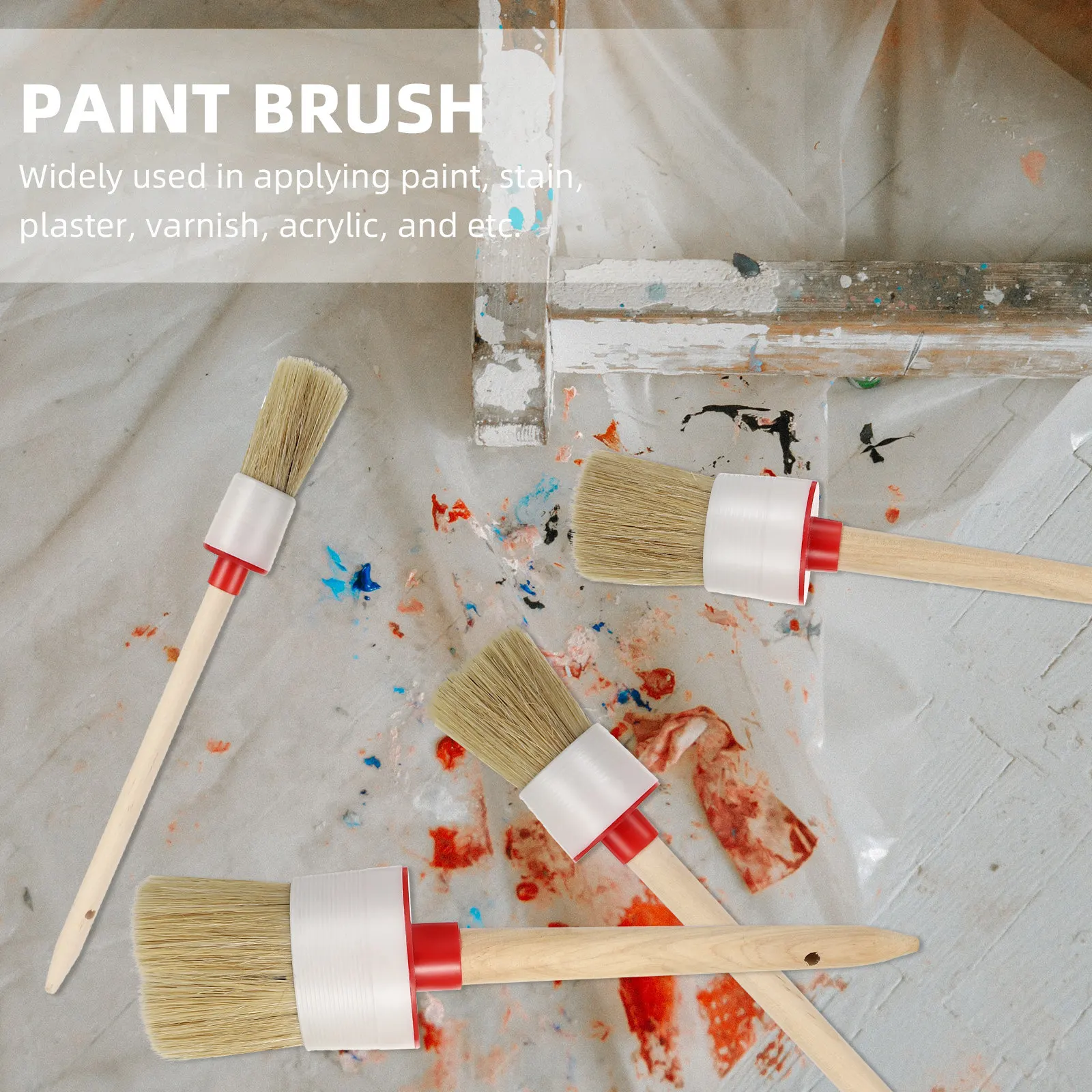 4Pcs Premium Pig Bristle Paint Brush Set Solid Wood Handle Smooth Grip Ideal for Acrylic Oil Varnish Stain Plaster Application