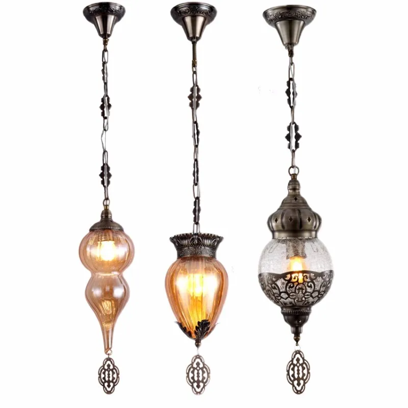 Bohemian Vintage cracked glass E27 Pendant Light handmade hollow carved Hanging Lights Exotic ethnic wind Dining Room Lamp