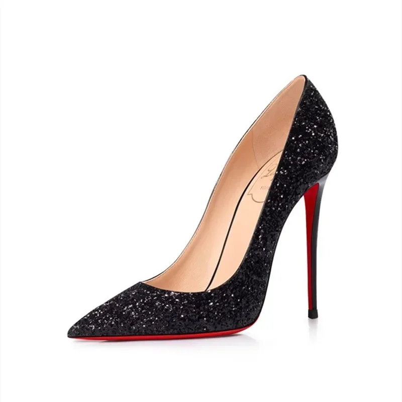 

Women Evening Gown Shoes Black Sparkle High Heels Super Sexy Red Bottom Pumps 12cm Ladies Autumn Spring Party Stilettos