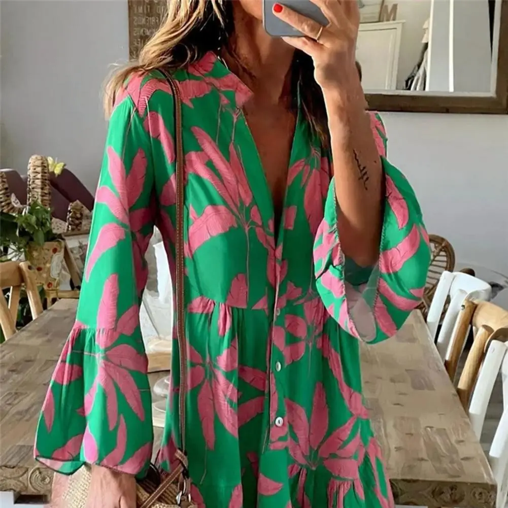 Elegante boho impressão midi vestido com decote em v manga alargamento vestido feminino casual solto a linha vestido senhoras férias camisa vestidos