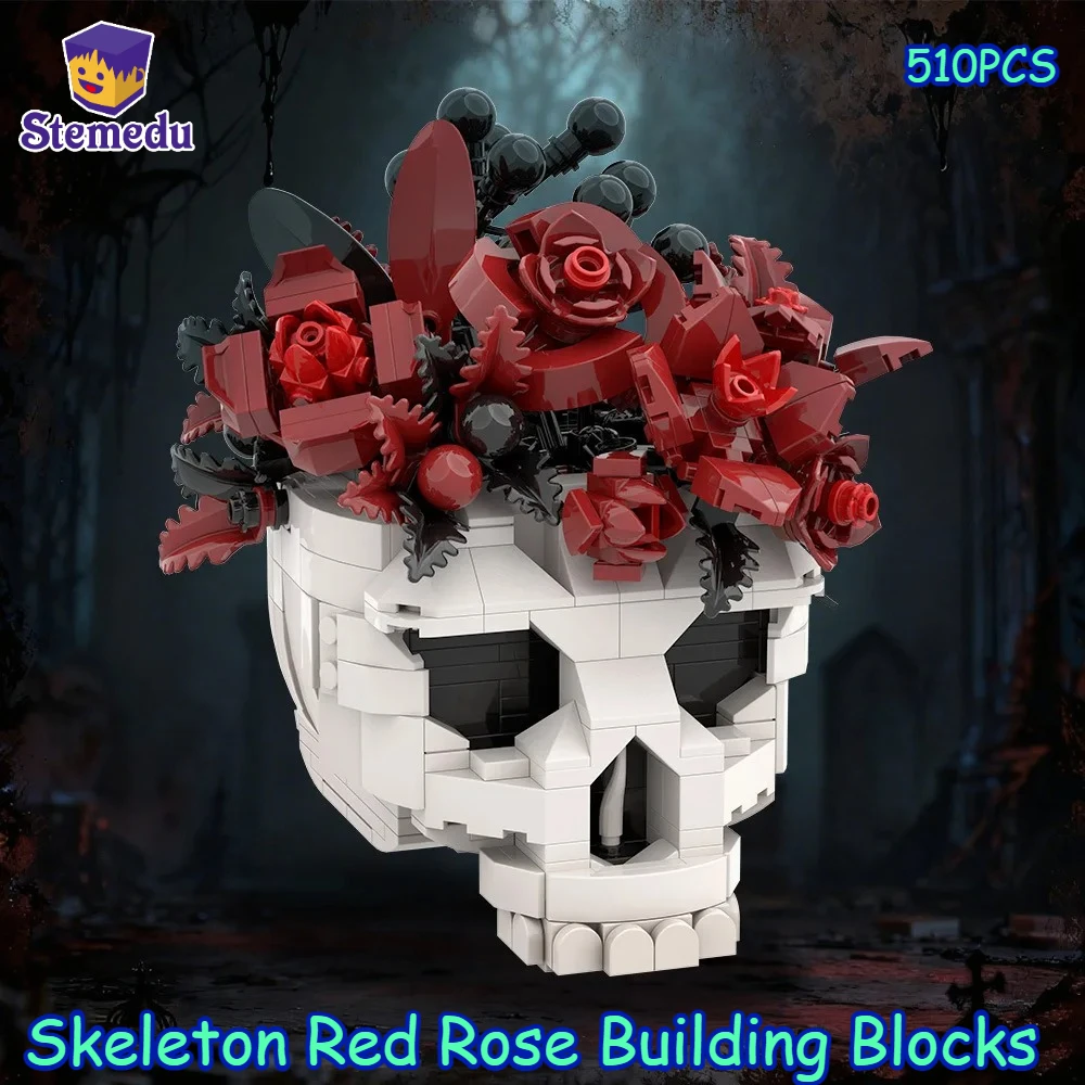 

Skeleton Red Rose Model Building Blocks 510PCS Flower Skull Gothic Holiday Party Photo Props Home Decor Assembly Toy Xmas Gifts
