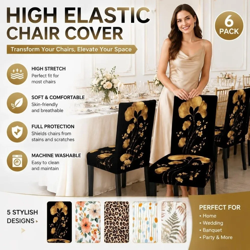 1/6pcs Full Cover Leopard Printed Chair Cover Non Slip Elastic Stretch Chair Cover Stain Resistant Washable Dining Chair Cover