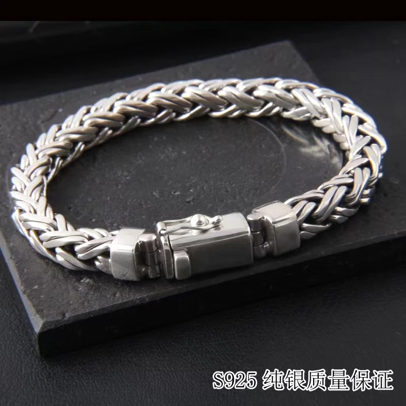 Sterling Silver S925 Fashion Men's Personalized Hand Woven Fried Dough Twist Buckle Bracelet Retro Ethnic Style Chain For Men