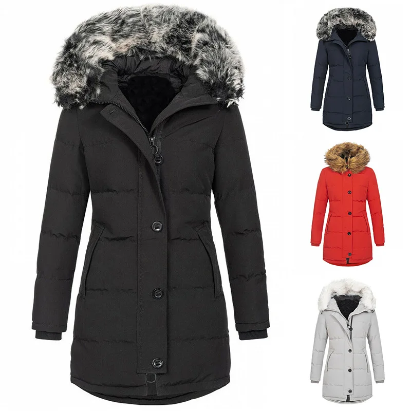 

European and American Winter Women's Hooded Warm Mid Length Solid Color Slim Fit Cotton Jacket