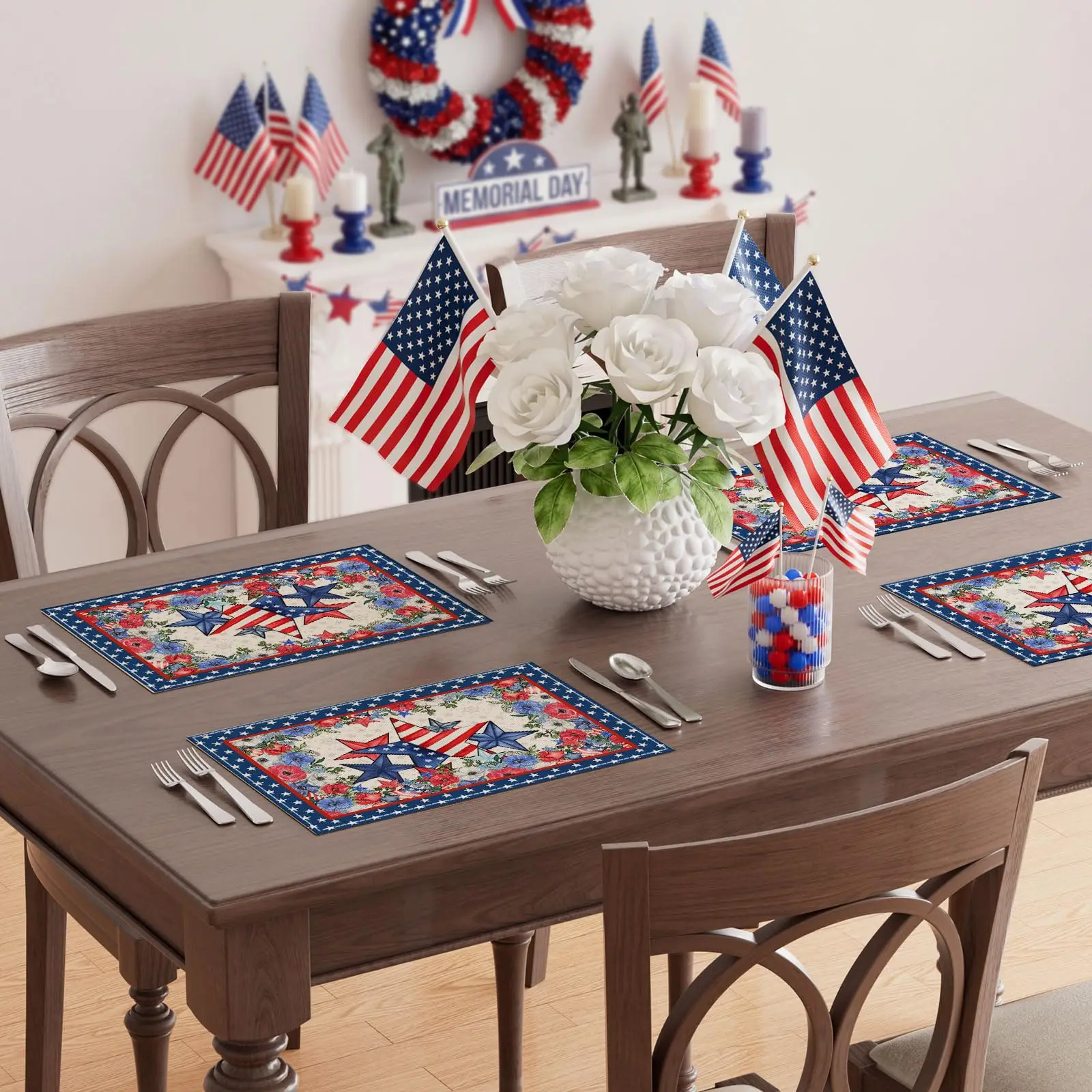 America Stars Flowers Memorial Day Placemats Table Mats 4th of July Patriotic Independence Day for Party Table Decor 12x18 Inch
