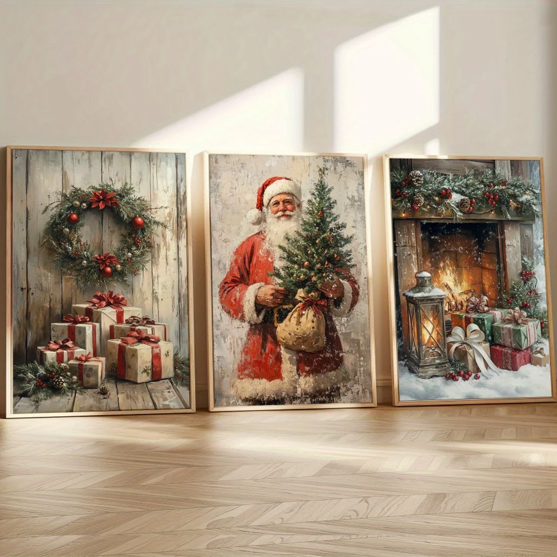 Póster en lienzo de árbol de Navidad de Papá Noel, 3 uds., rústico, vacaciones de Navidad, escena de nieve de invierno, impresiones artísticas de pared para decoración moderna del hogar
