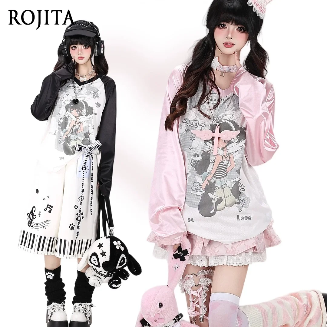 Sweet and Cool V-neck Girlish Flare-up Loose Design Tee Sweet Girl Breathable Base Layer Long-sleeve T-shirt for Autumn