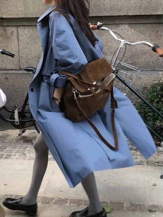 Dongdaemun High Intelligence Sense Korean Style Women's Mid-Length Coat Blue Windbreaker Autumn Season Fashion Outerwear