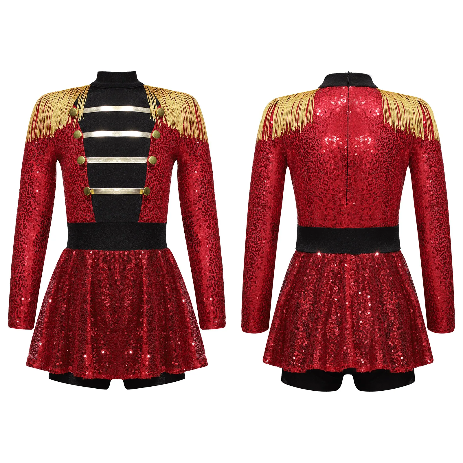 Ringmaster Circus Cosplay Traje para crianças, manga comprida, borla Epaulet, lantejoulas brilhantes, vestido, macacão para desempenho, meninas, Halloween