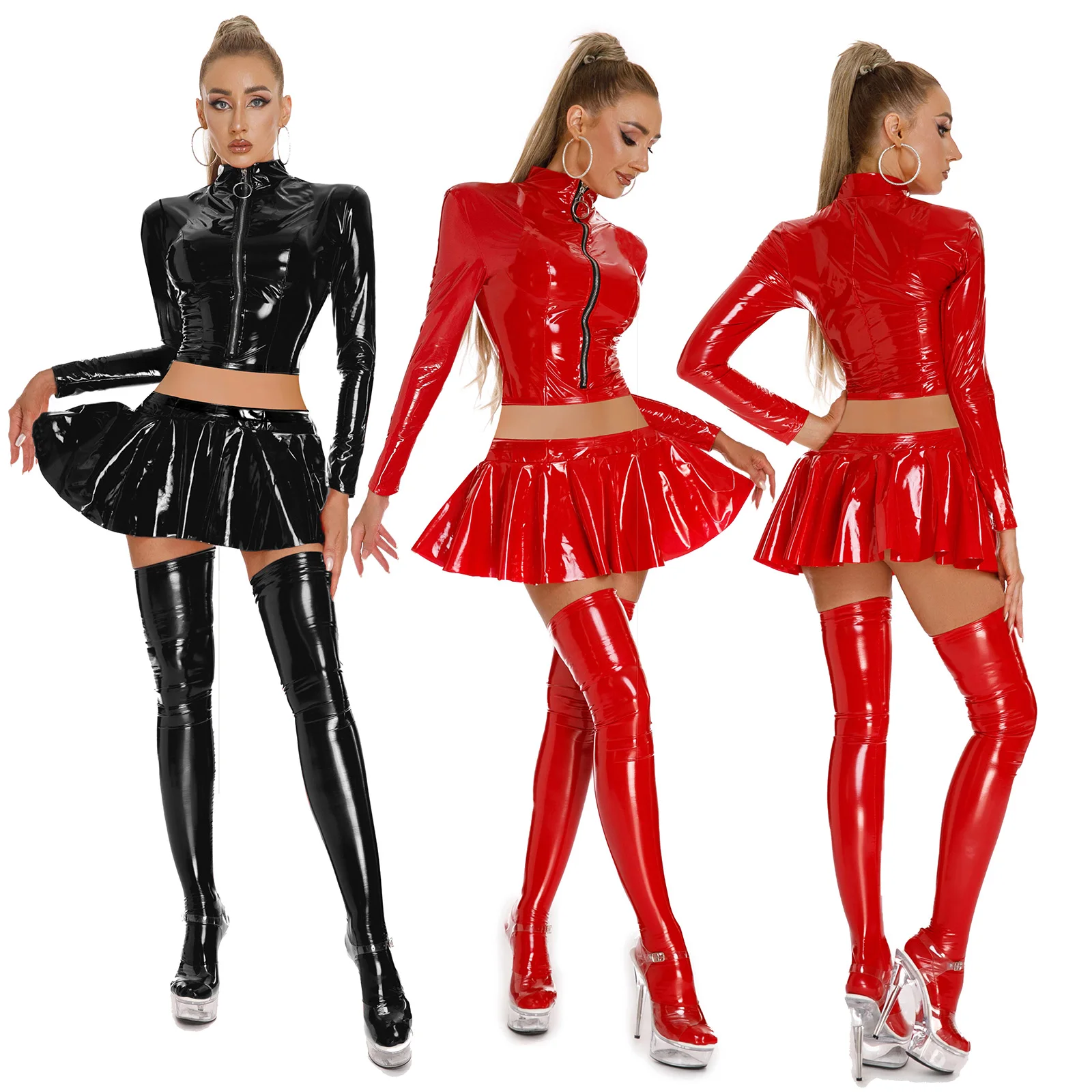 

Women Sexy Clubwear Leather Crop Jacket with Pleated Miniskirt Shiny Pvc Latex Mini Skirt With Front Zipper Open Breast Crop Top