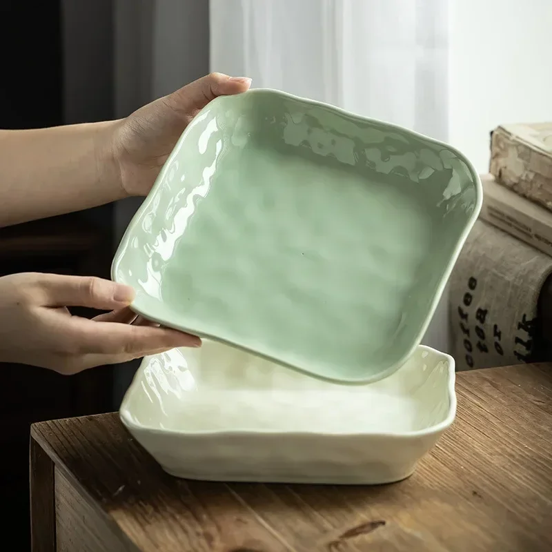 

Light Luxury Cream Style Ceramic Square Breakfast Dumpling Household Simple Vegetable Plate Salad Plate