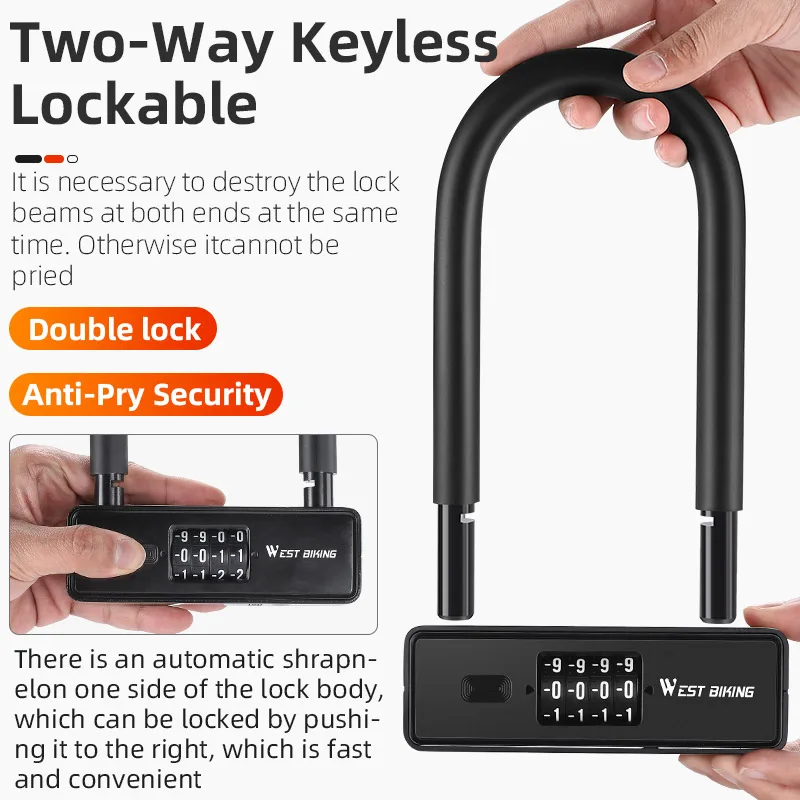 WEST BIKING Bike U Lock Heavy Duty Anti-Theft Security Password Keys Double Protection Bicycle Lock With Bracket Bike Lock