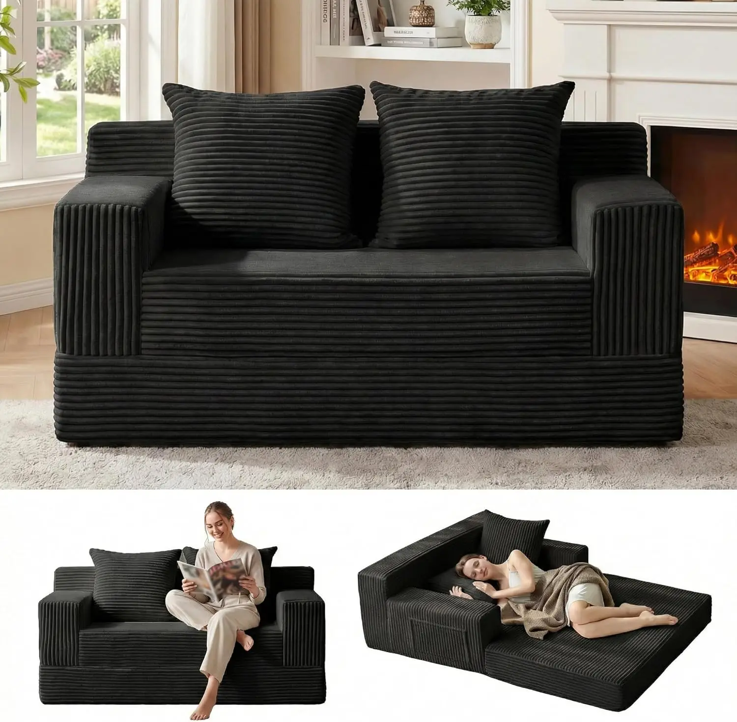 Sofá Cama Convertible con Espuma Viscoelástica, Tela de Pana, Fácil de Limpiar y Diseño Portátil para Sala de Estar