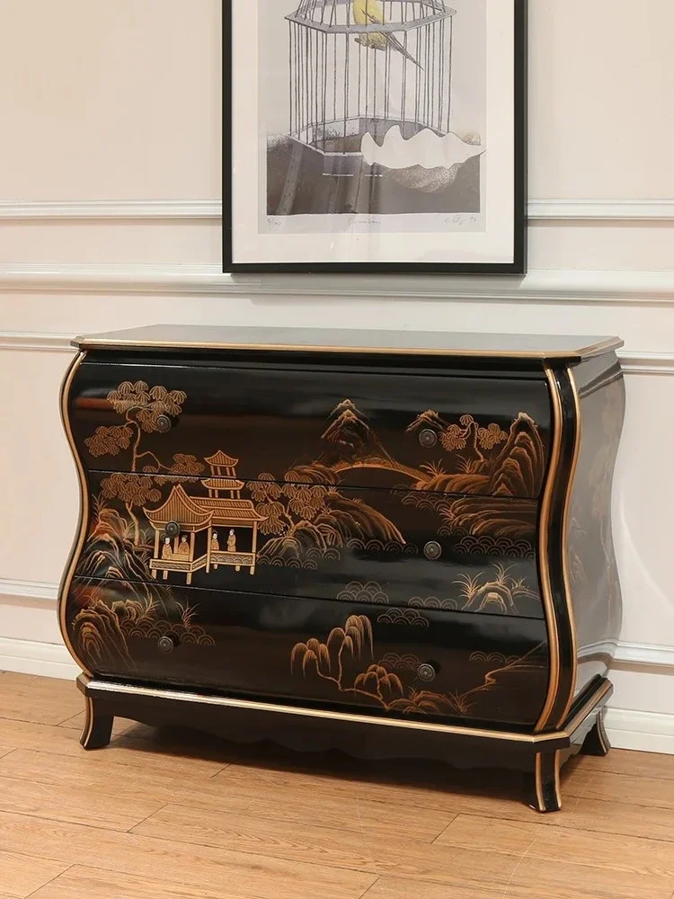 A New Chinese Painted Three-Bucket Cabinet Retro American Decoration Hand Painted Drawer Storage Organizer