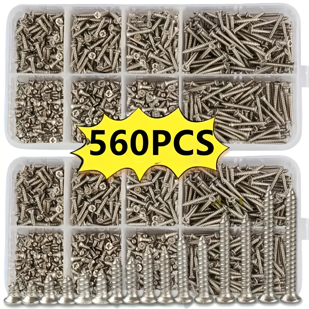 Scatola da 560 set di viti per legno autofilettanti: include 8 diverse dimensioni del kit di classificazione delle viti piatte in metallo Phillips M2