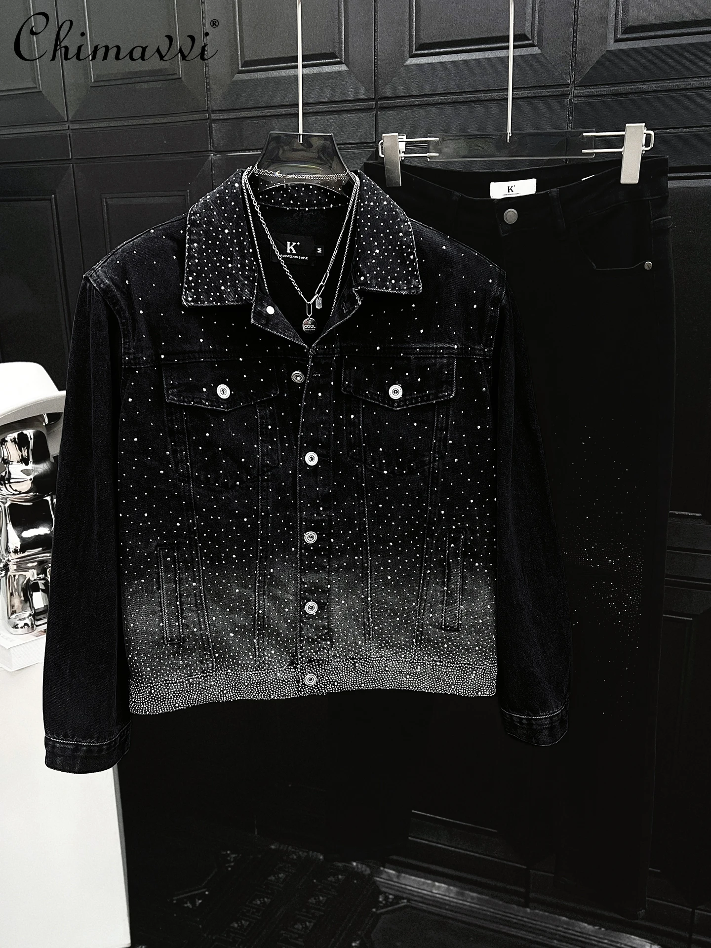 

Black Heavy Hot Diamond Gypsy Denim Jacket Men's Spring and Autumn New High-end Fashion Loose Casual Shoulder Padded Coat