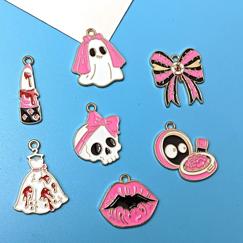 10Pcs Gothic Pink Halloween Alloy Charms Women Ghost Skull Lipstick Wedding Dress Pendant DIY Earring Bracelet Jewelry Accessory