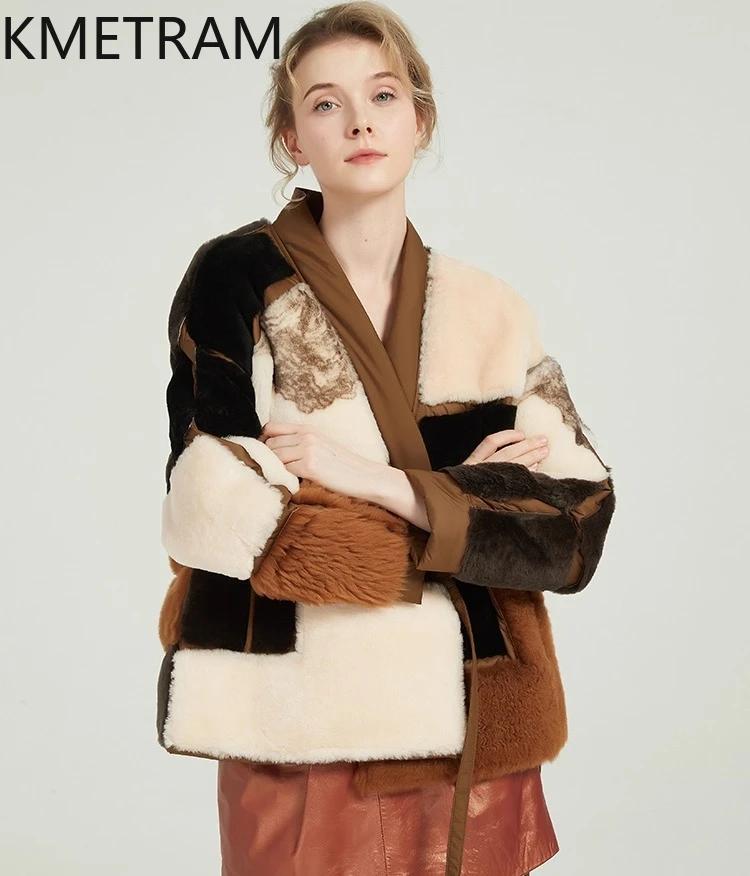 KMETRAM جلد الغنم الحقيقي مع الصوف المرفقة معاطف الفرو امرأة الدفء فضفاضة المرأة الشتاء سترة 2025 ملابس القهوة القصيرة7]