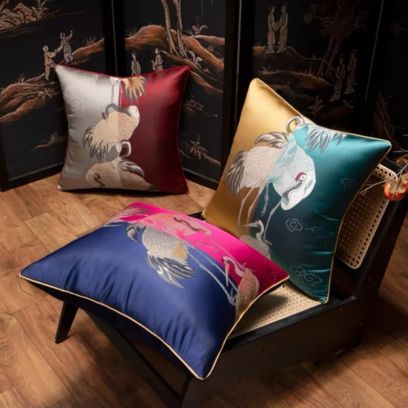 Oriental Crane Embroidery Pillow Cover Set | Luxury Satin Cushion Cases with Gold Piping | Chinese Retro Art Sofa Bedroom Decor