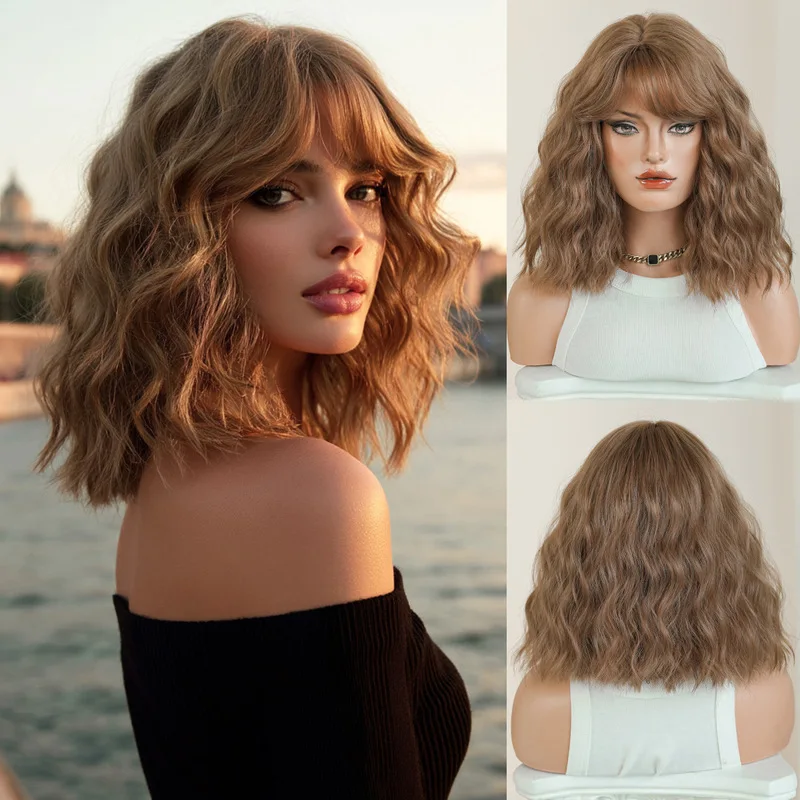 Cross-border 12-inch short curly brown bob for women, fluffy wavy synthetic wig with side-parted bangs