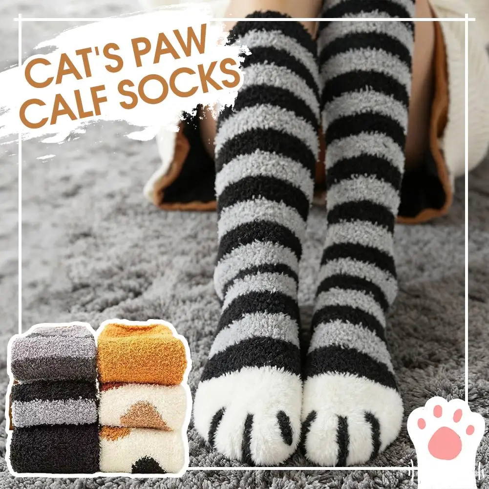 Cat Paw Winter Socks Cold Resistant Warm Plush Socks Over The Knee Socks With Plush & Thick Calf Socks Animal Fingers Warm Sock