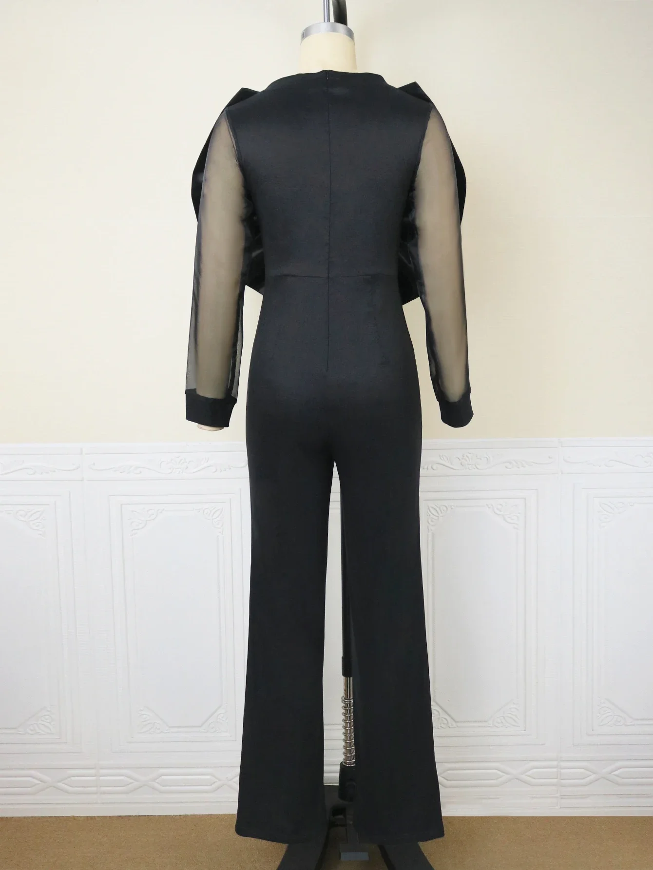 Black Jumpsuits for Women V Neck See Through Long Sleeve Bowtie Bodycon Straight Full Length Large Size Rompers Overalls