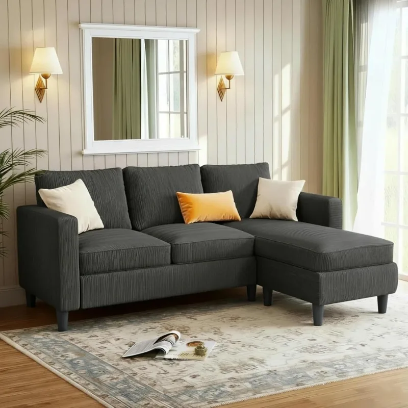 

JAMFLY Couches for Living Room, 3-Seat Reversible Sectional Sofa with Convertible Ottoman, Modern Ribbed Fabric L-Shaped