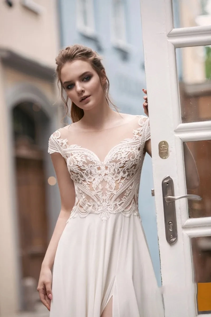 Simple Romantic Wedding Dresses A-Line Chiffon Bridal Gowns Lace Appliques Vintage O-Neck Backless Robes 2024 Vestidos De Novia