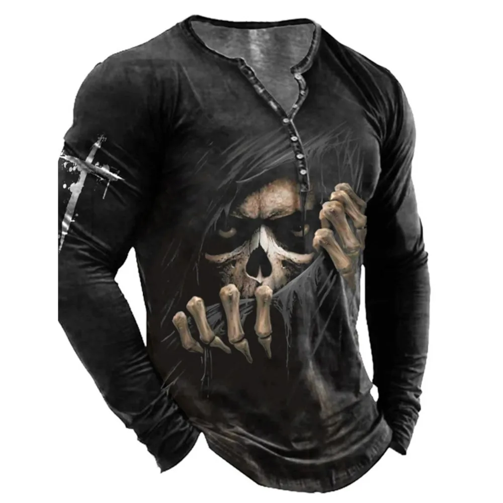 Button-Up V-Neck Vintage Skull King Short Sleeve Goth T-Shirt For Men Punk Street Wear For Men Oversized Brazilianspanisht-Shirt