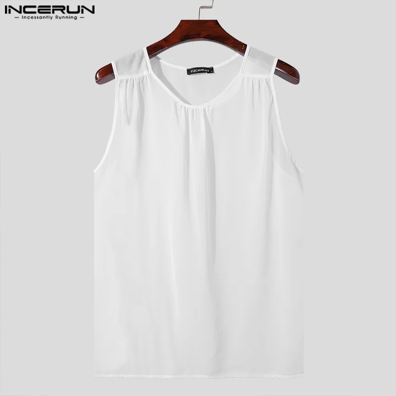 INCERUN-camisetas sin mangas de Color sólido para hombre, chalecos transparentes con cuello redondo sin mangas, ropa de calle Sexy, moda de verano, 2024