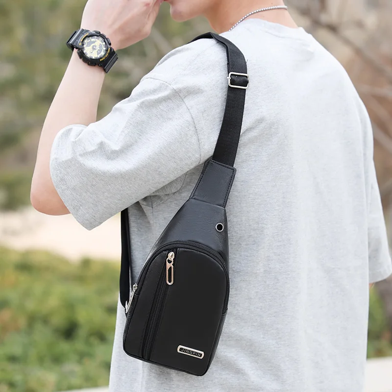 

Men Chest Pack Crossbody Bag Durable PU Leather Handbag Fashion New Solid Color Chest Bag Vintage Leisure Shoulder Bag