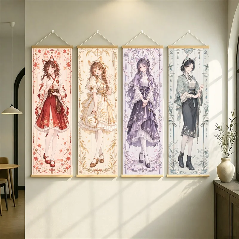 Anime Women in Red, Cream and Purple Dresses with a Gray Outfit Hanging Scroll with Ornate Floral Borders for a Bedroom