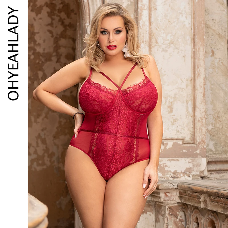 

Ohyeahlady Solid Red Sheer Mesh Bodysuits Women's Transparent Jumpsuit Crotch Openable Teddy Underwired Large Size Sexy Lingerie