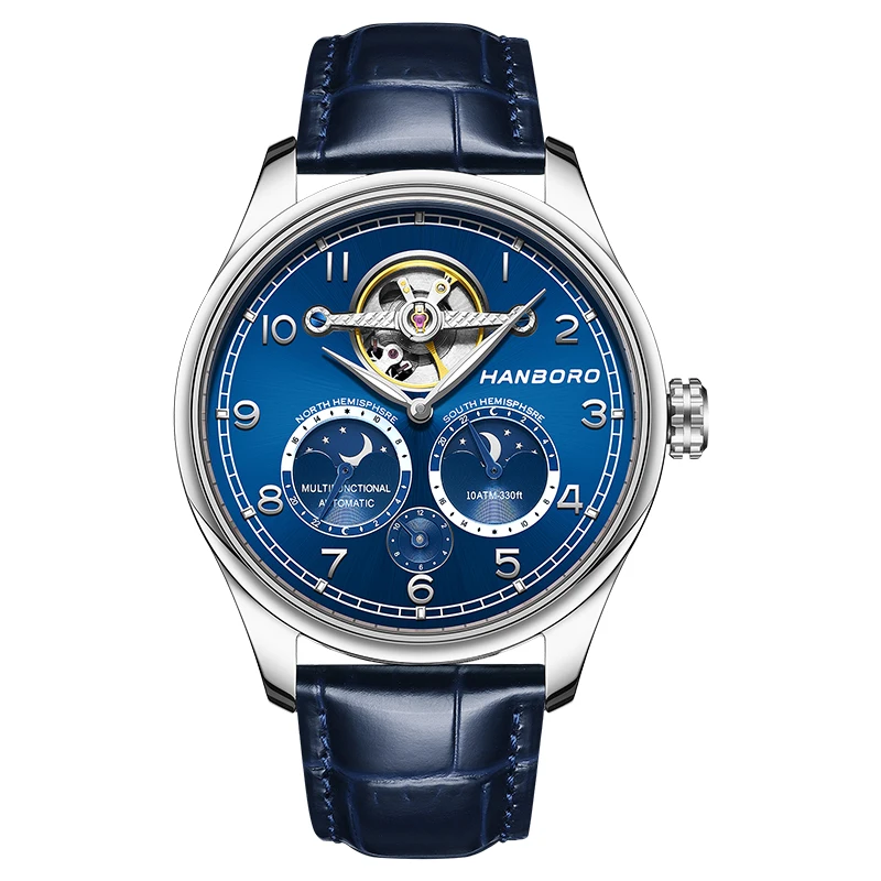 HANBORO Men Automatic Watch 44mm Mechanical Wristwatch Luminous Flywheel Dial Northern Southern Hemisphere 24-Hour Sun Moon