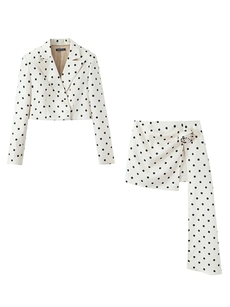 

HH Women's New Fashion Versatile Polka Dot Broad Shoulder Suit Female Lapel Long Sleeve Suit Jacket+High Waist Sexy Casual Skirt