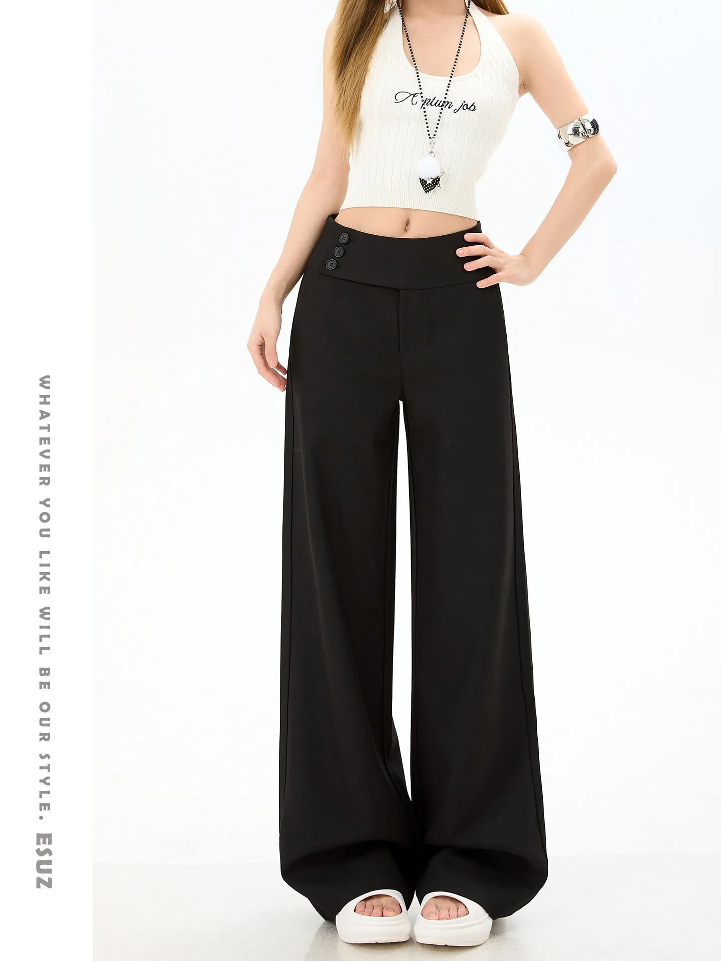 Black Three-Button Wide-Leg Casual Pants Women's Summer New Design Drapey American Loose Match All Straight Leg Suit Pants