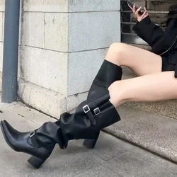 Eilyken Winter Punk Style Women Knee-High Boots Designer Square Heels Buckle Strap Shoes Ladies Booties Zapatillas De Mujer