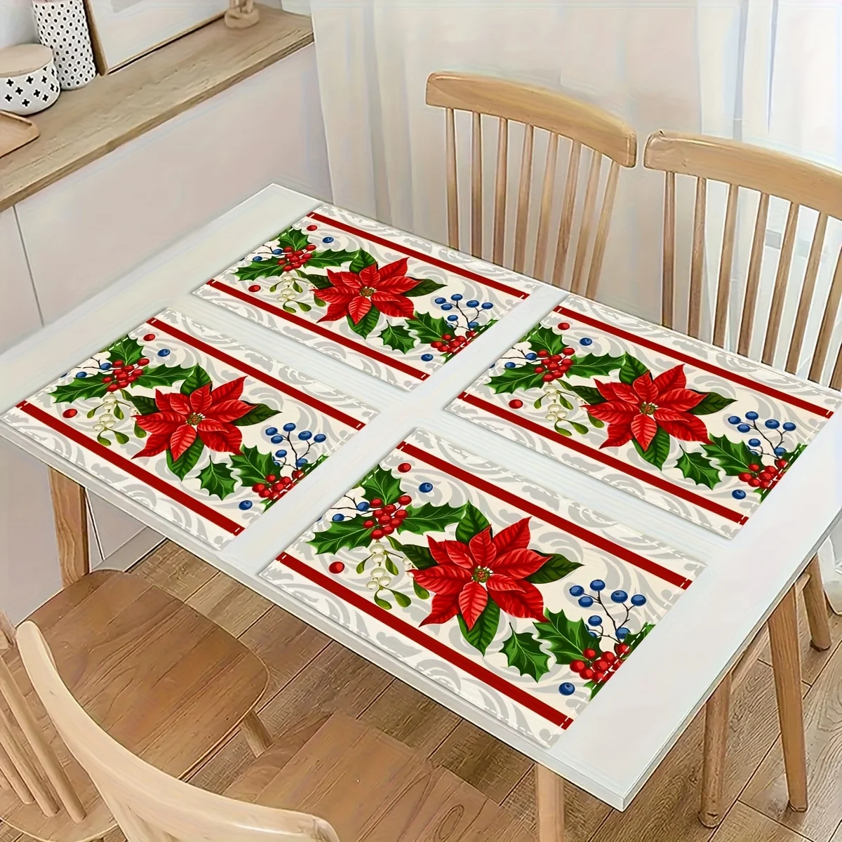 A Set of 4 Christmas Ornament Printed Placemats olyester, Holiday Table Mats, Rectangular Hand Wash Dinner