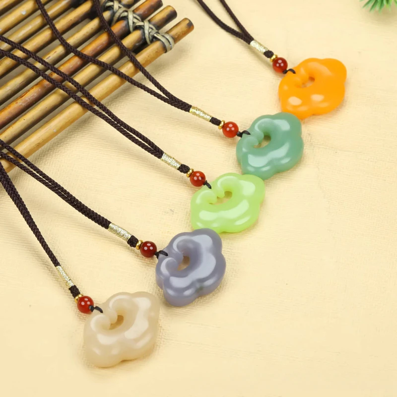 Hetian jade auspicious cloud Ruyi jade pendant for men women yellow smoke purple lake green lotus root starch safe lock pendant